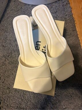 Open Edit White Square-Toe Slide Mules for Women